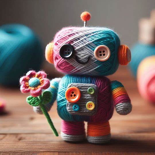 AI-generated image of a cute robot made of yarn and buttons